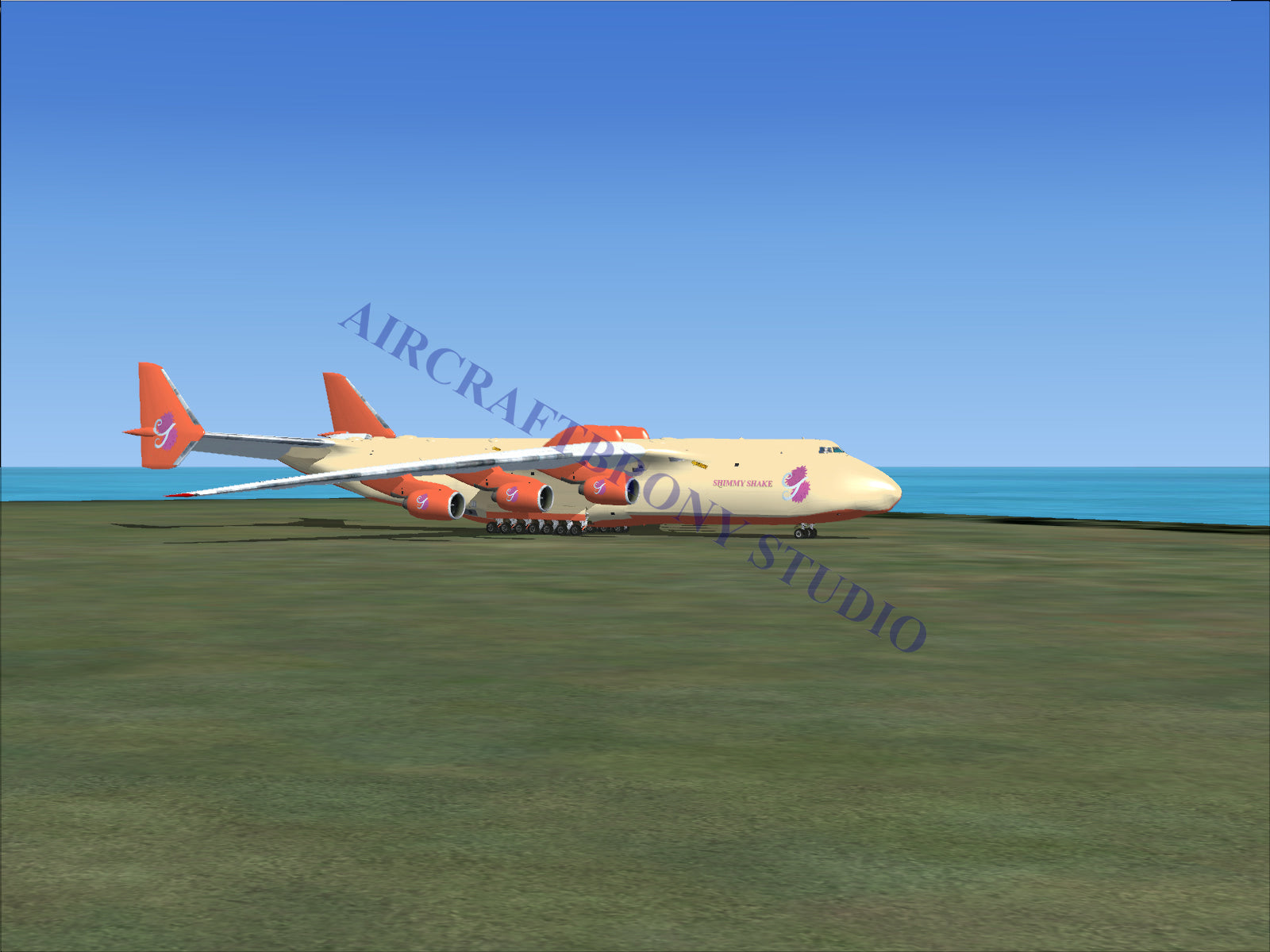 Orange and white cargo plane with four engines, designed for heavy-lift operations.