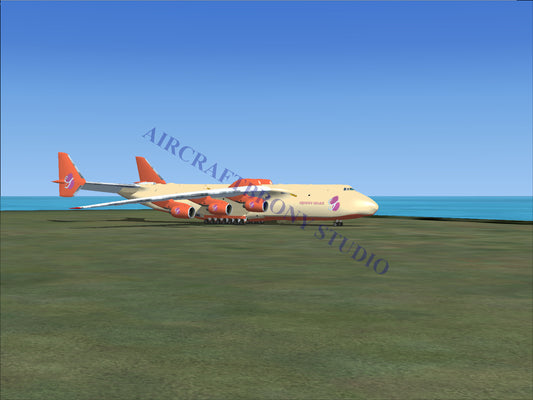 Orange and white cargo plane with four engines, designed for heavy-lift operations.