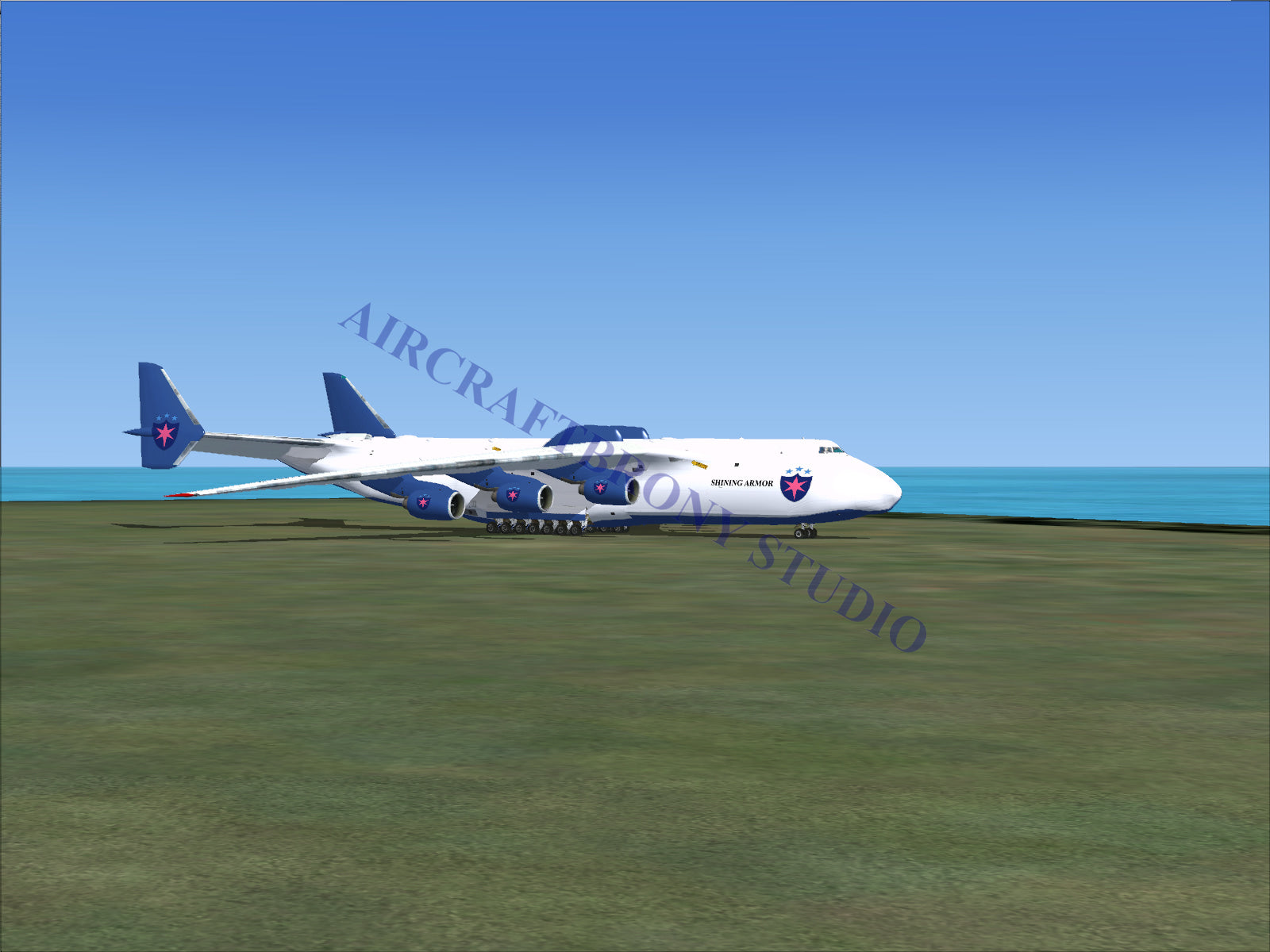 A white and blue cargo aircraft with six engines.