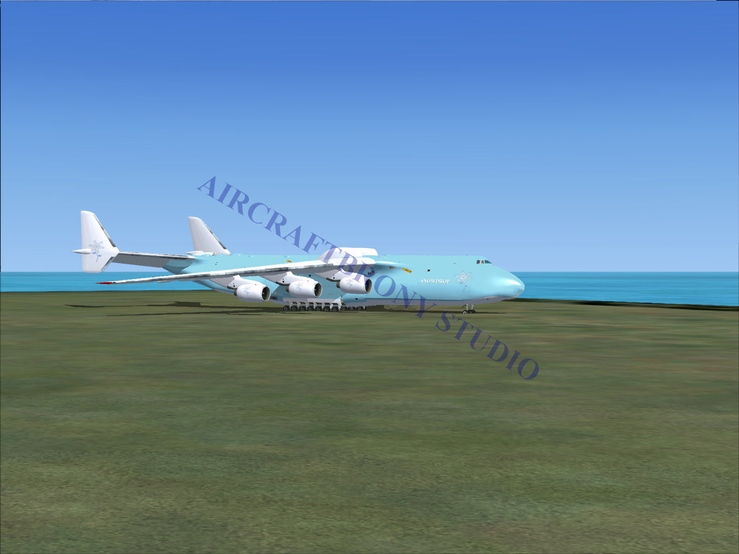 Blue and white cargo plane with four engines, designed for heavy-lift operations.