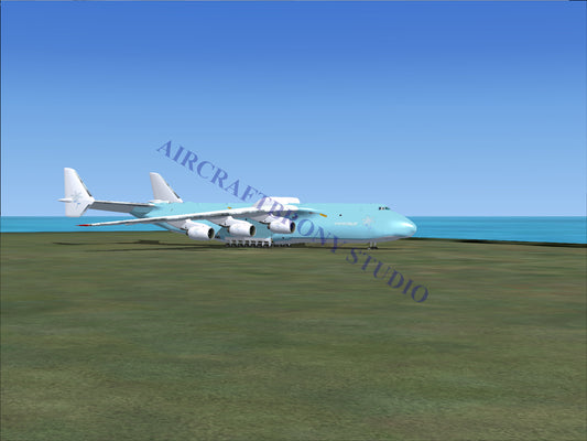 Blue and white cargo plane with four engines, designed for heavy-lift operations.