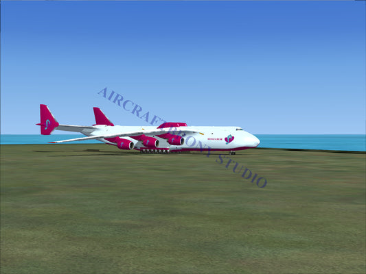 White cargo aircraft with six pink engines and pink tailfins