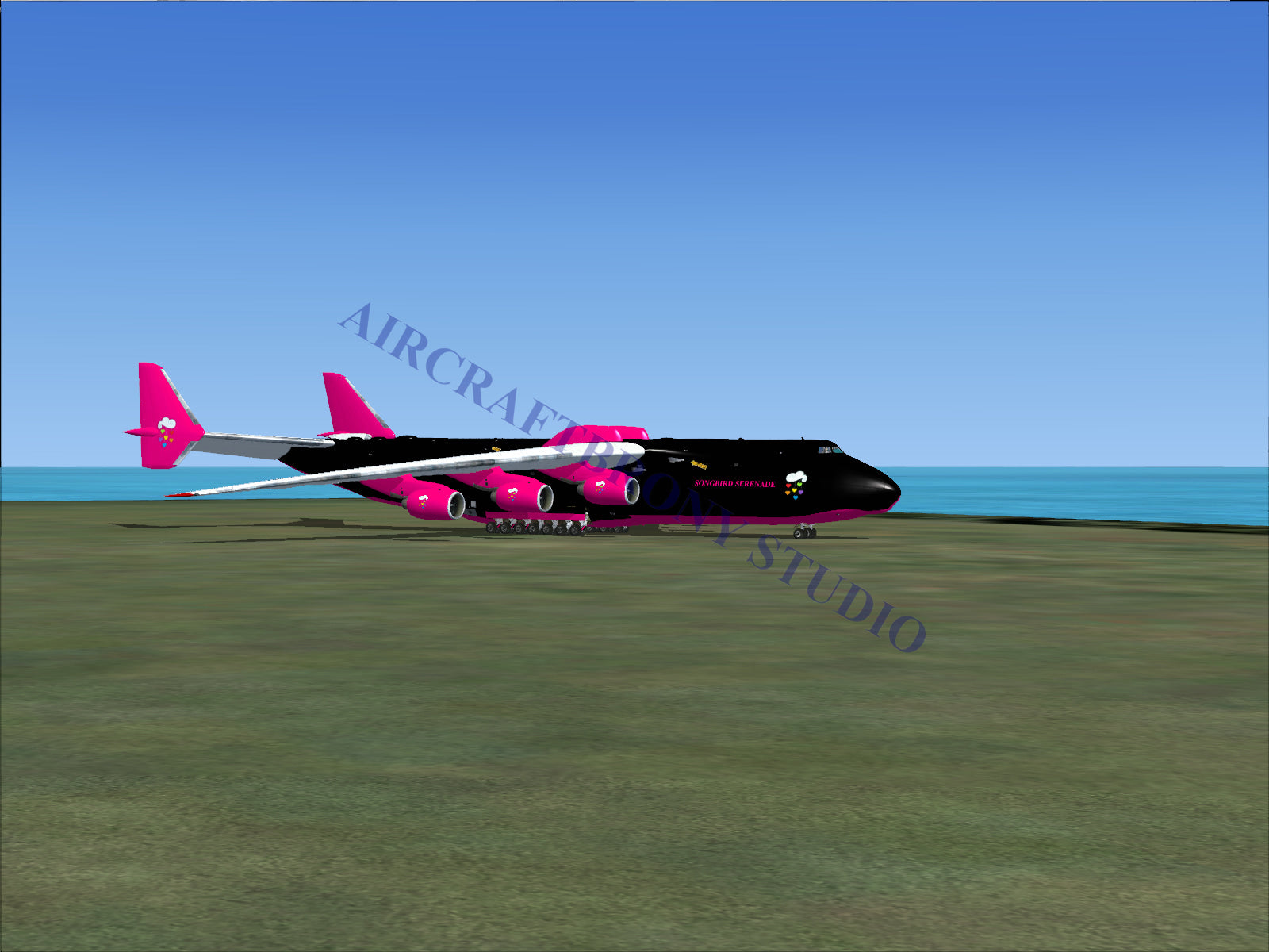 A black and pink cargo plane with six engines.