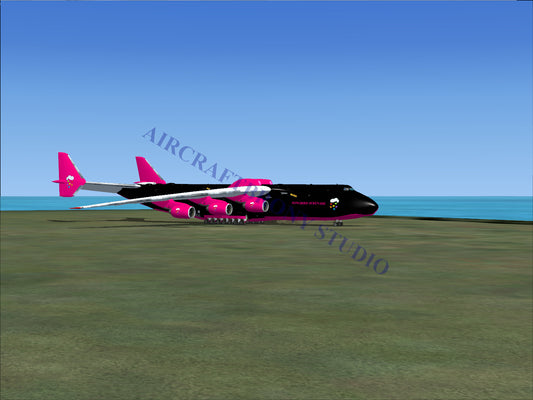 A black and pink cargo plane with six engines.