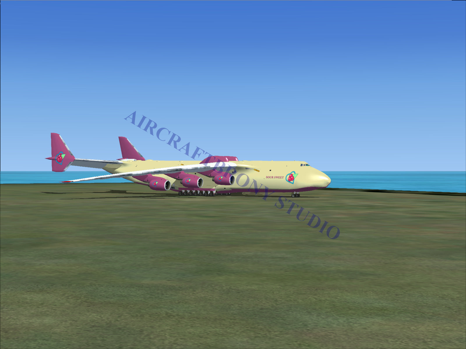 Pink and white cargo plane with red tail fin, designed for heavy-lift transportation.