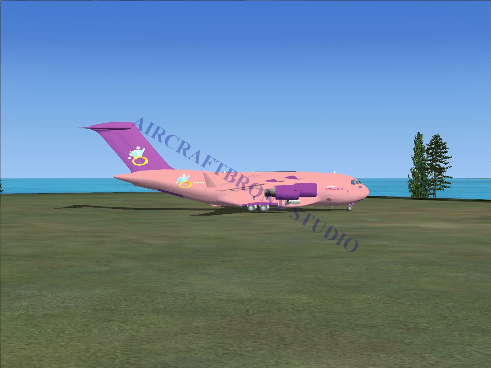 Spoiled rich boeing c-17 digital image of a pink and purple cartoonish aircraft with a crown emblem on the tail