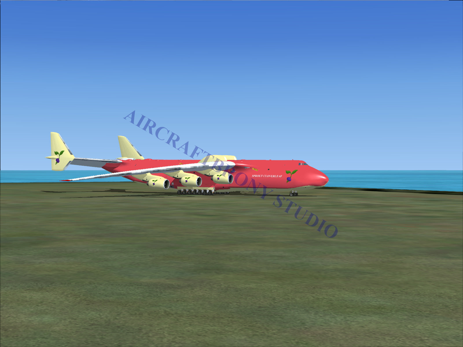 Red cargo aircraft with yellow wings and tail.