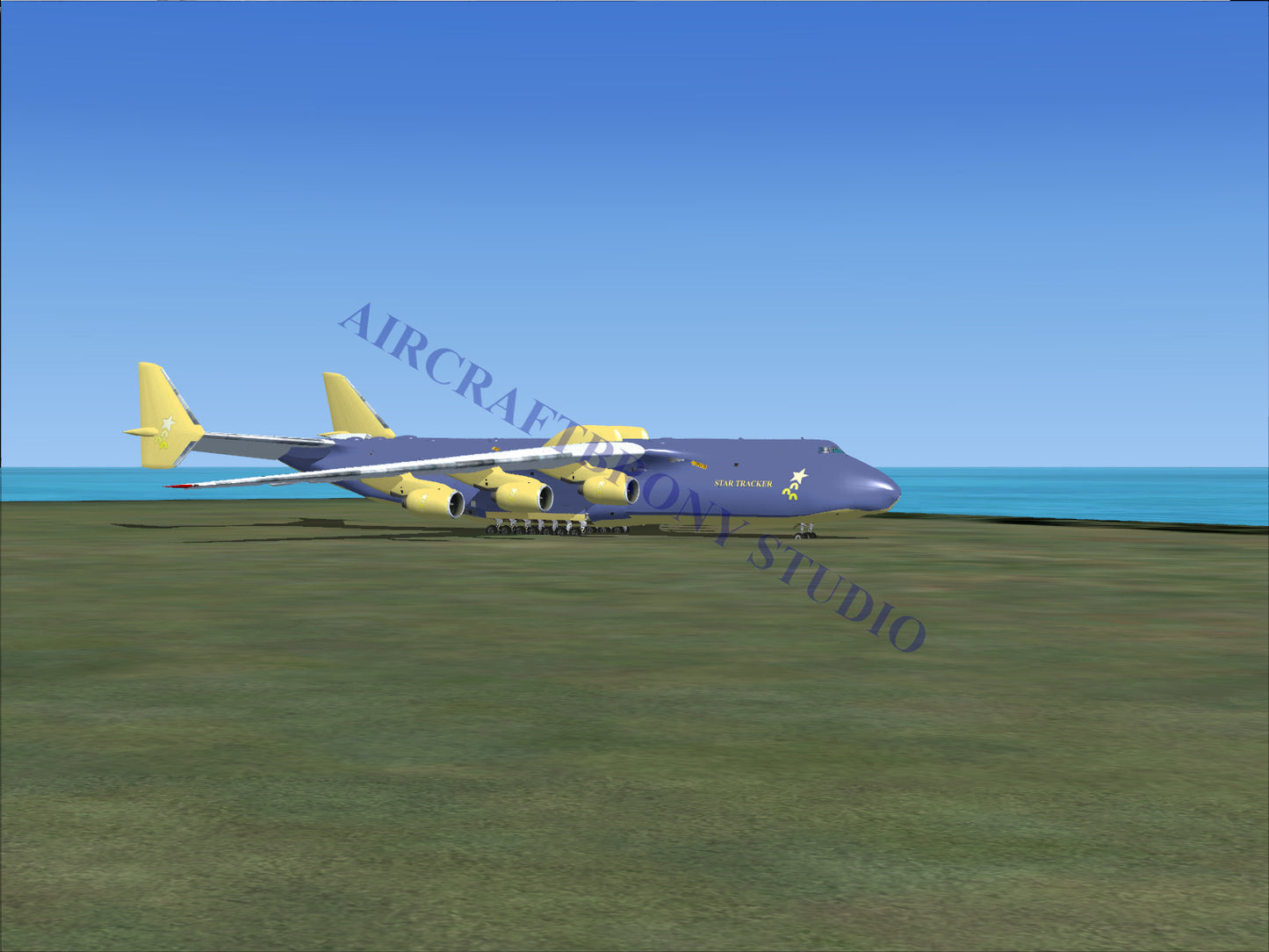 Blue and white cargo plane with four engines, designed for heavy-lift operations.