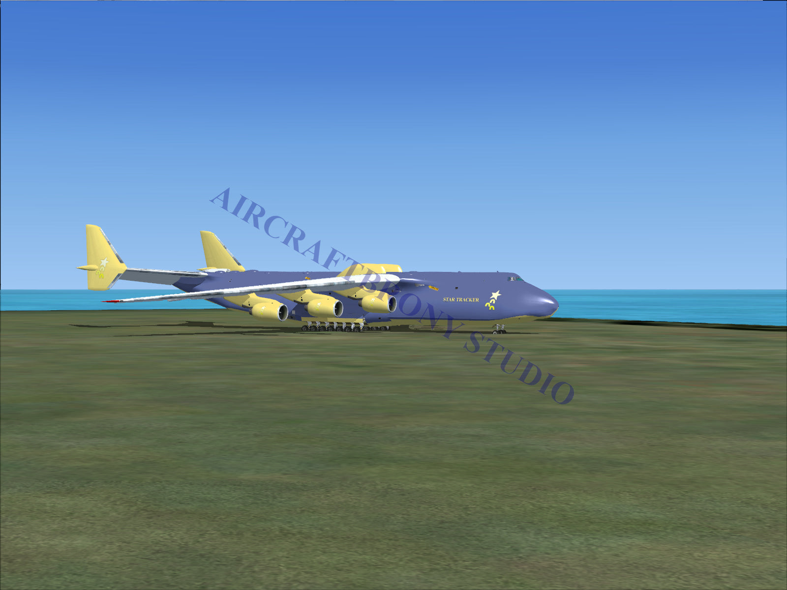 Blue and white cargo plane with four engines, designed for heavy-lift operations.