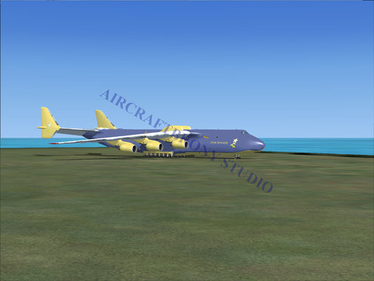 Blue and white cargo plane with four engines, designed for heavy-lift operations.