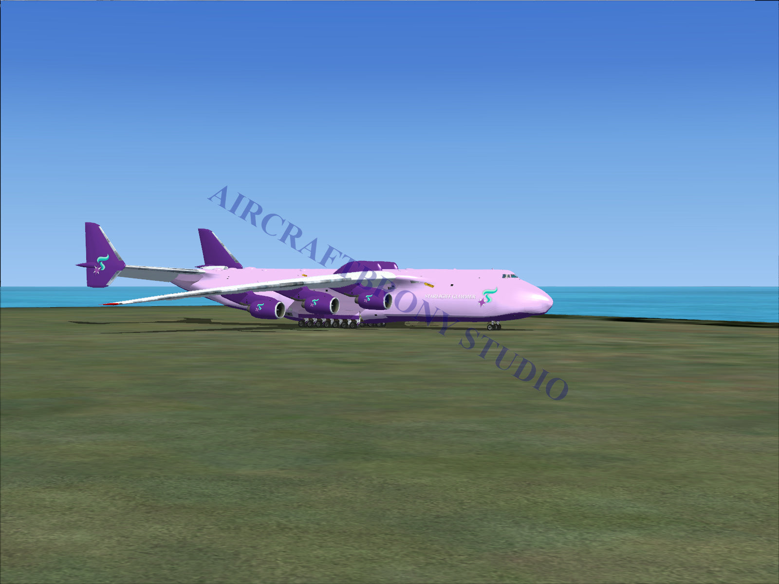 A purple Antonov An-225 cargo aircraft.