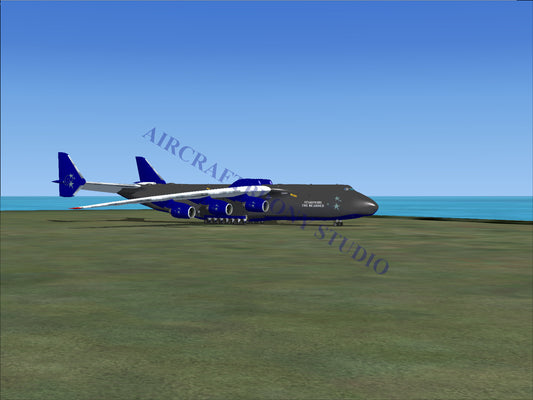 Black and blue cargo plane with large wheels, designed for heavy-lift operations.