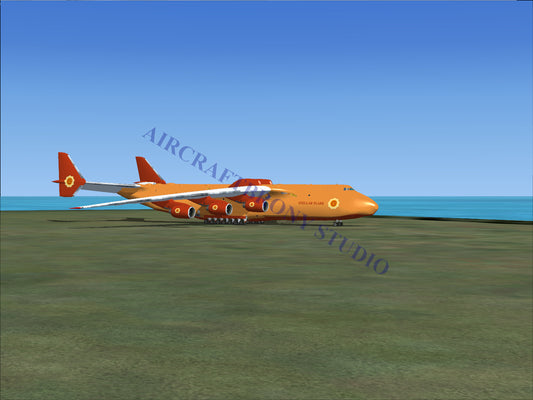 Orange cargo plane with red tail and yellow circle logo on wing.