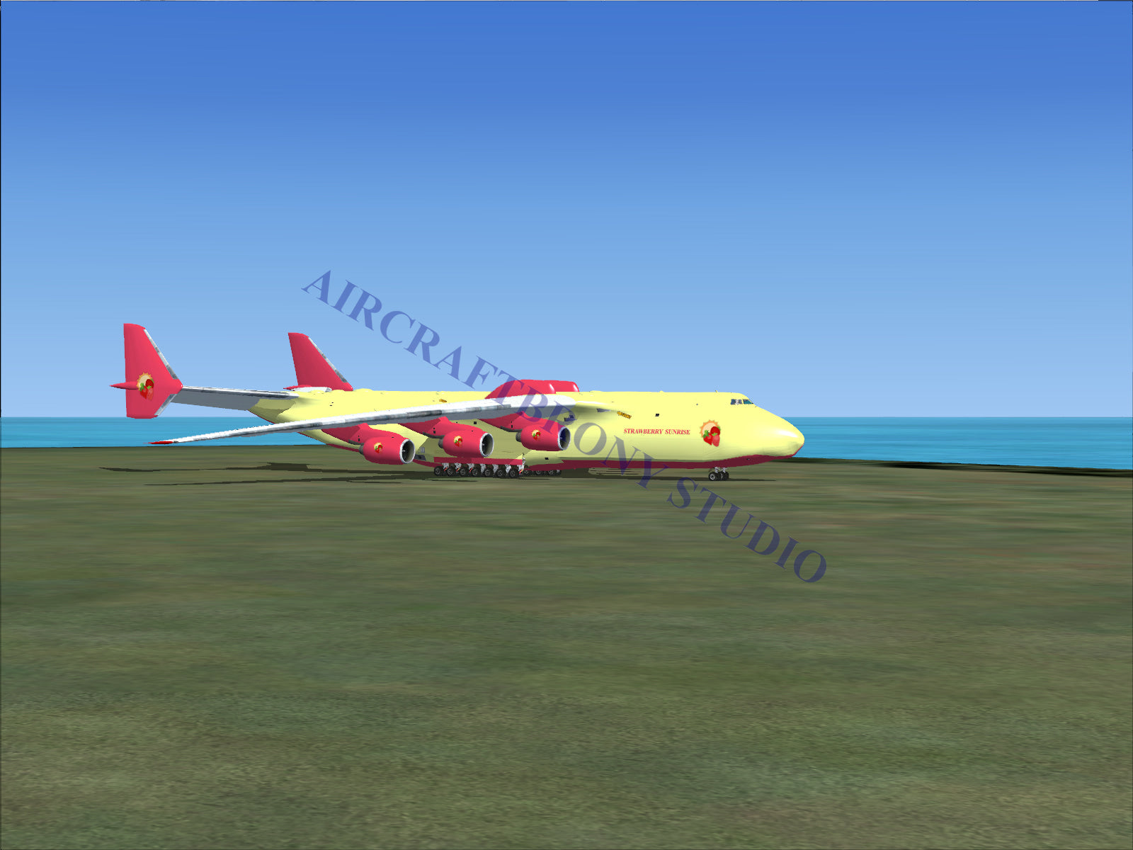 Yellow and red cargo plane with four engines, likely a boeing 747 model.