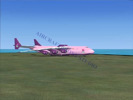 Pink cargo plane with multiple engines.
