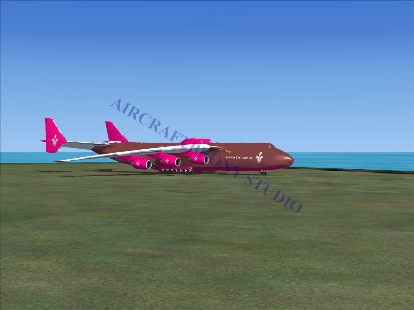 Red and pink cargo plane with a sleek design, likely from antonov airlines.