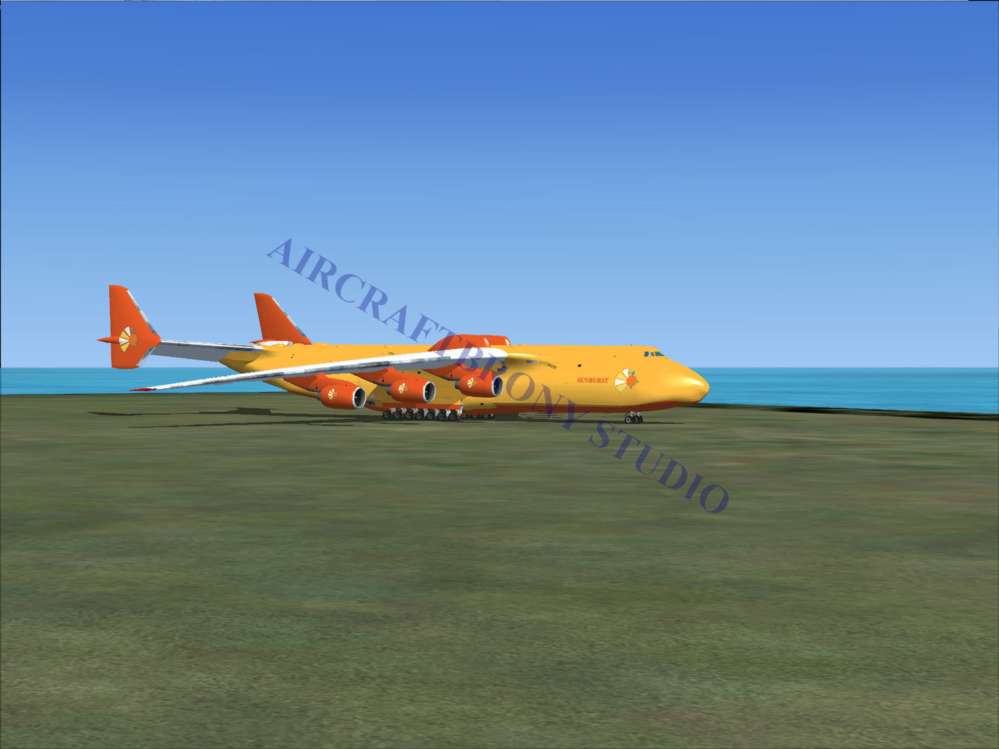 Yellow cargo plane with red tail and orange accents, designed for heavy-lift transportation.
