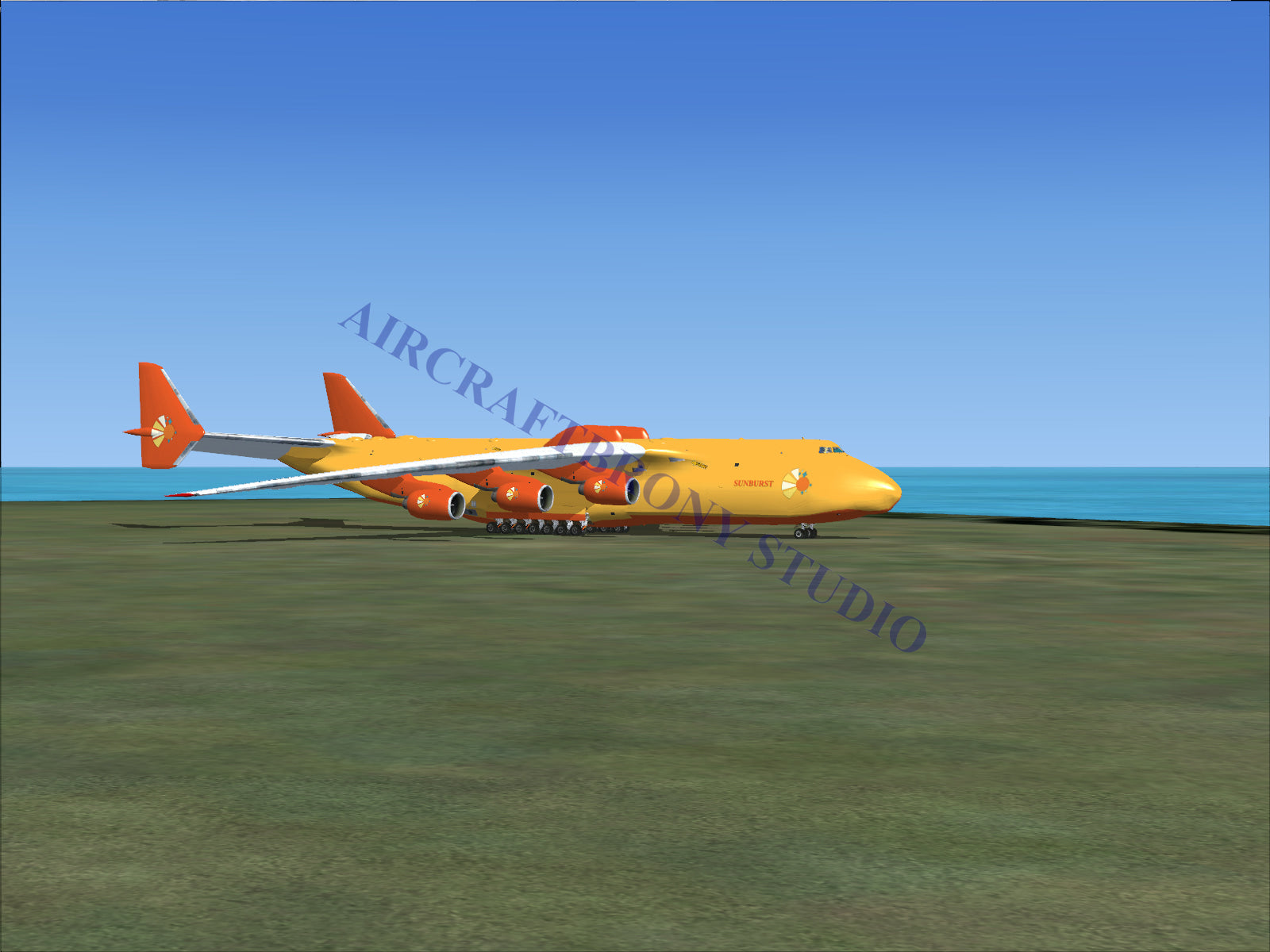 Yellow cargo plane with red tail and orange accents, designed for heavy-lift transportation.
