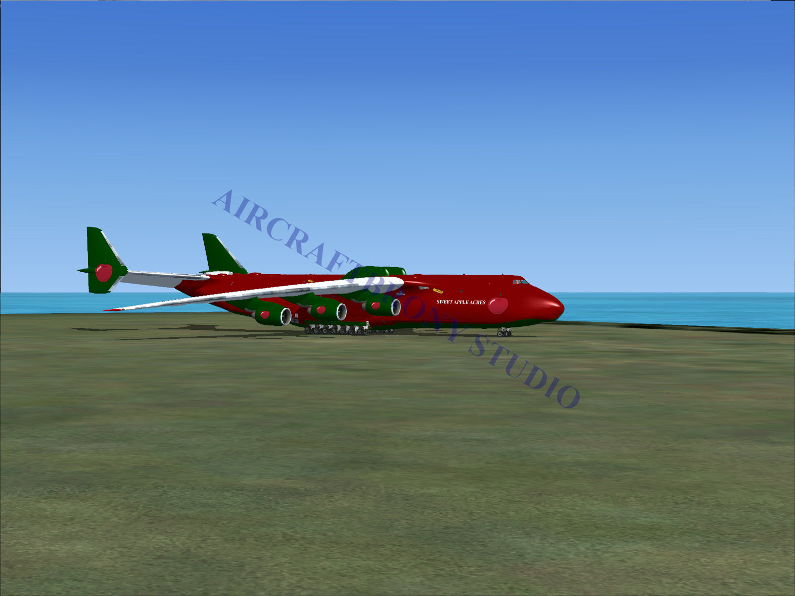 Red and green cargo airplane with multiple engines.