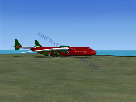 Red and green cargo airplane with multiple engines.