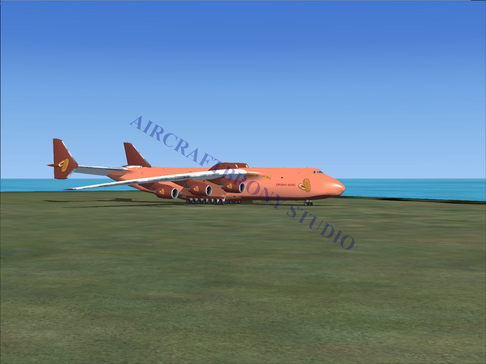 Orange cargo plane with red tail and wings, designed for heavy-lift transportation.