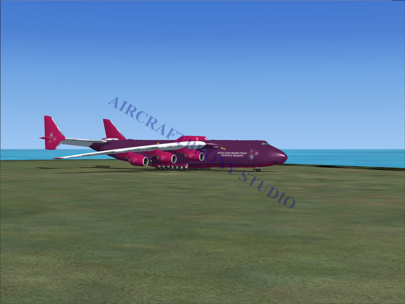 Purple cargo airplane with white wingtips and tail.
