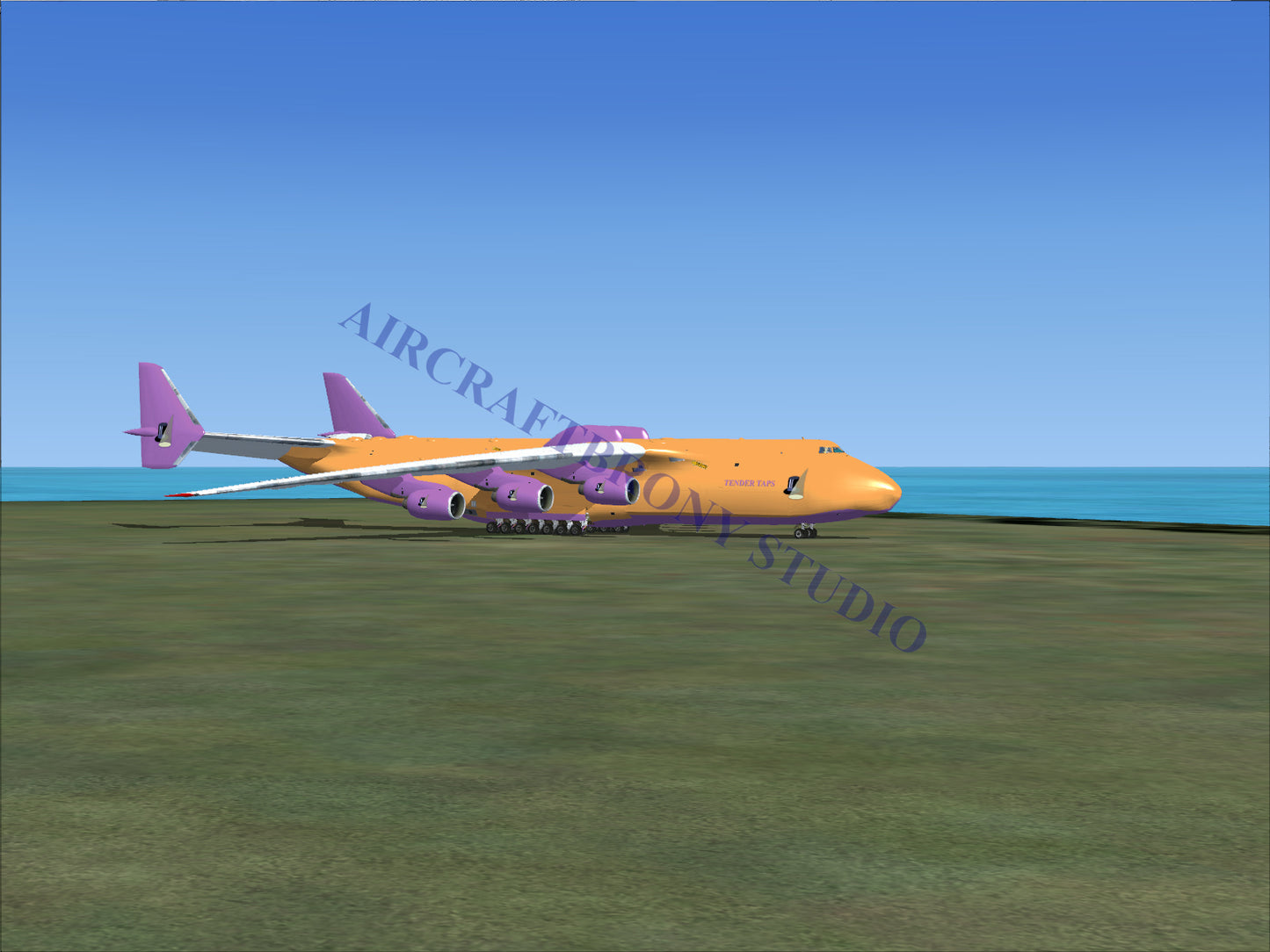 Orange and purple cargo aircraft with six engines.