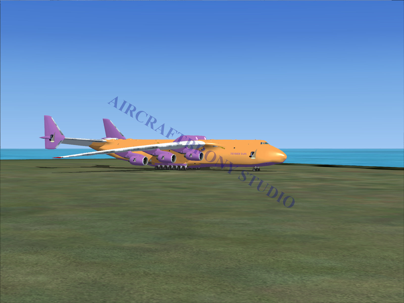 Orange and purple cargo aircraft with six engines.
