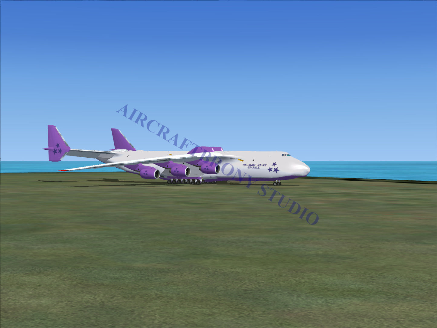 White and purple cargo aircraft with six engines.