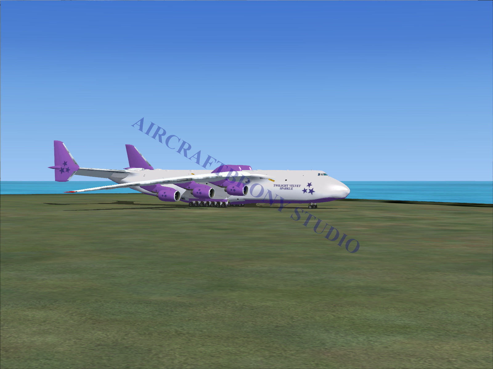White and purple cargo aircraft with six engines.
