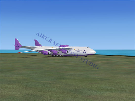 White and purple cargo aircraft with six engines.