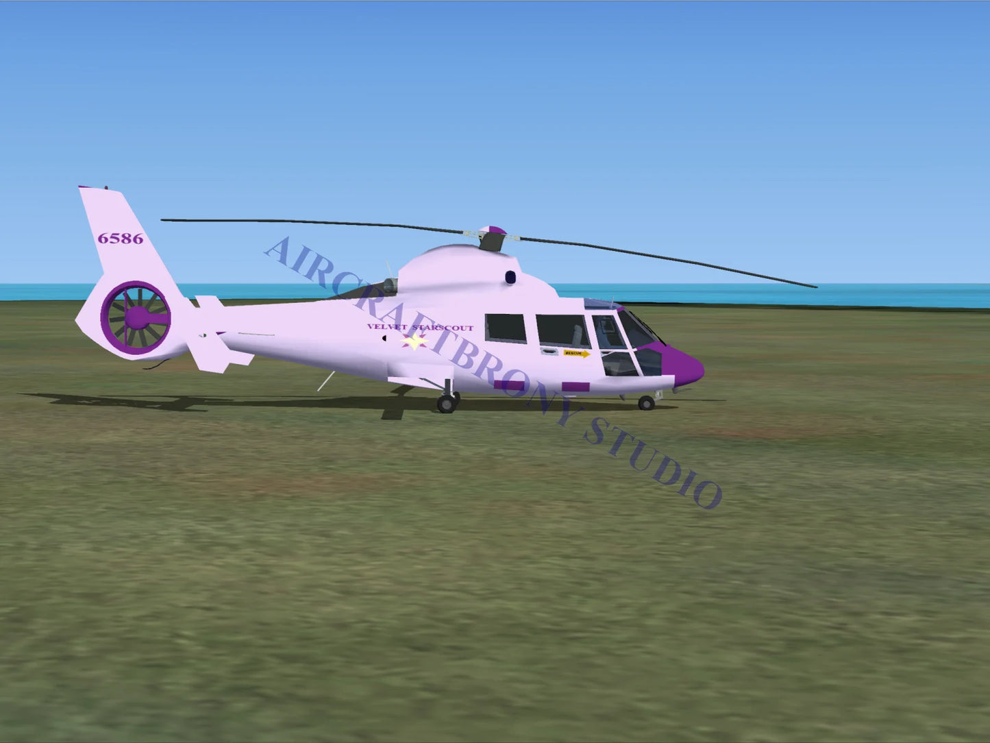 A white and purple velvet starscout aerospatiale hh65 dolphin helicopter featuring a sleek modern design and velvet transport logo