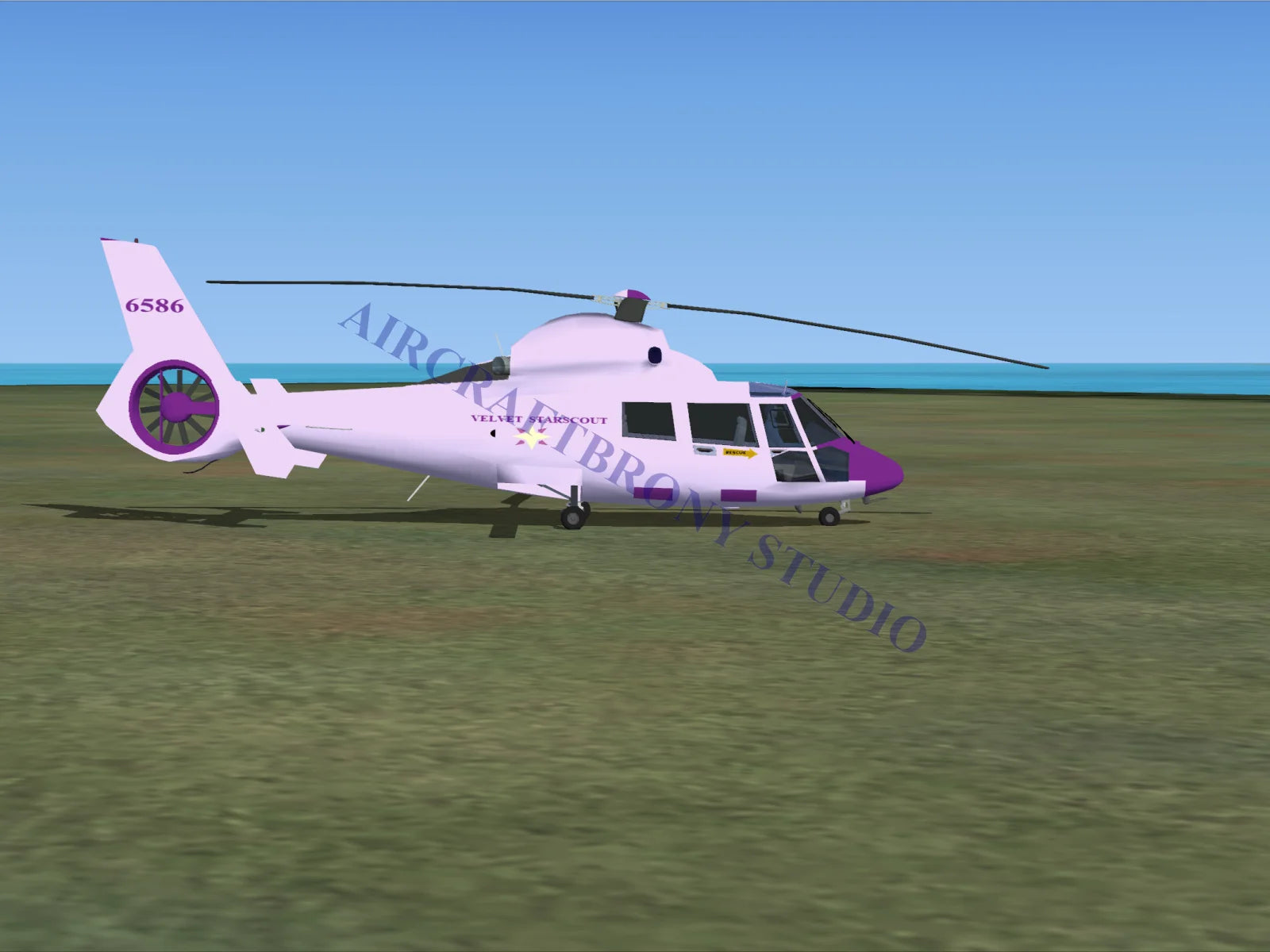 A white and purple velvet starscout aerospatiale hh65 dolphin helicopter featuring a sleek modern design and velvet transport logo
