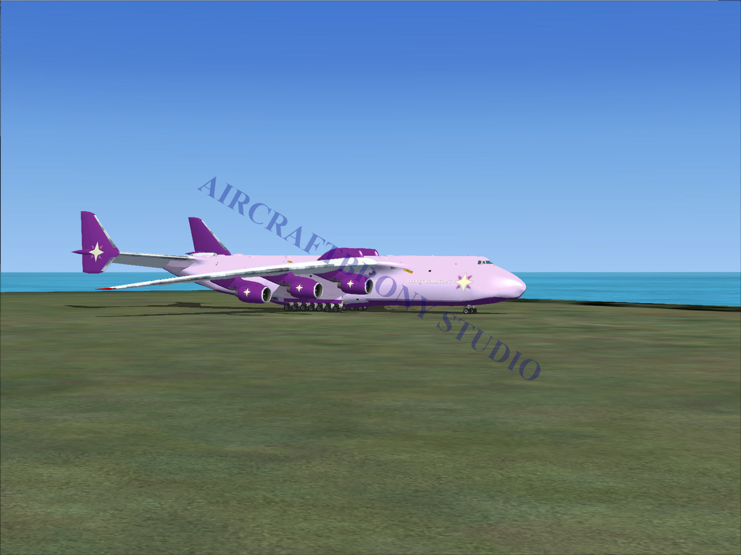 A wide-body cargo aircraft with a lavender fuselage and purple wings, tail fins, and engines.