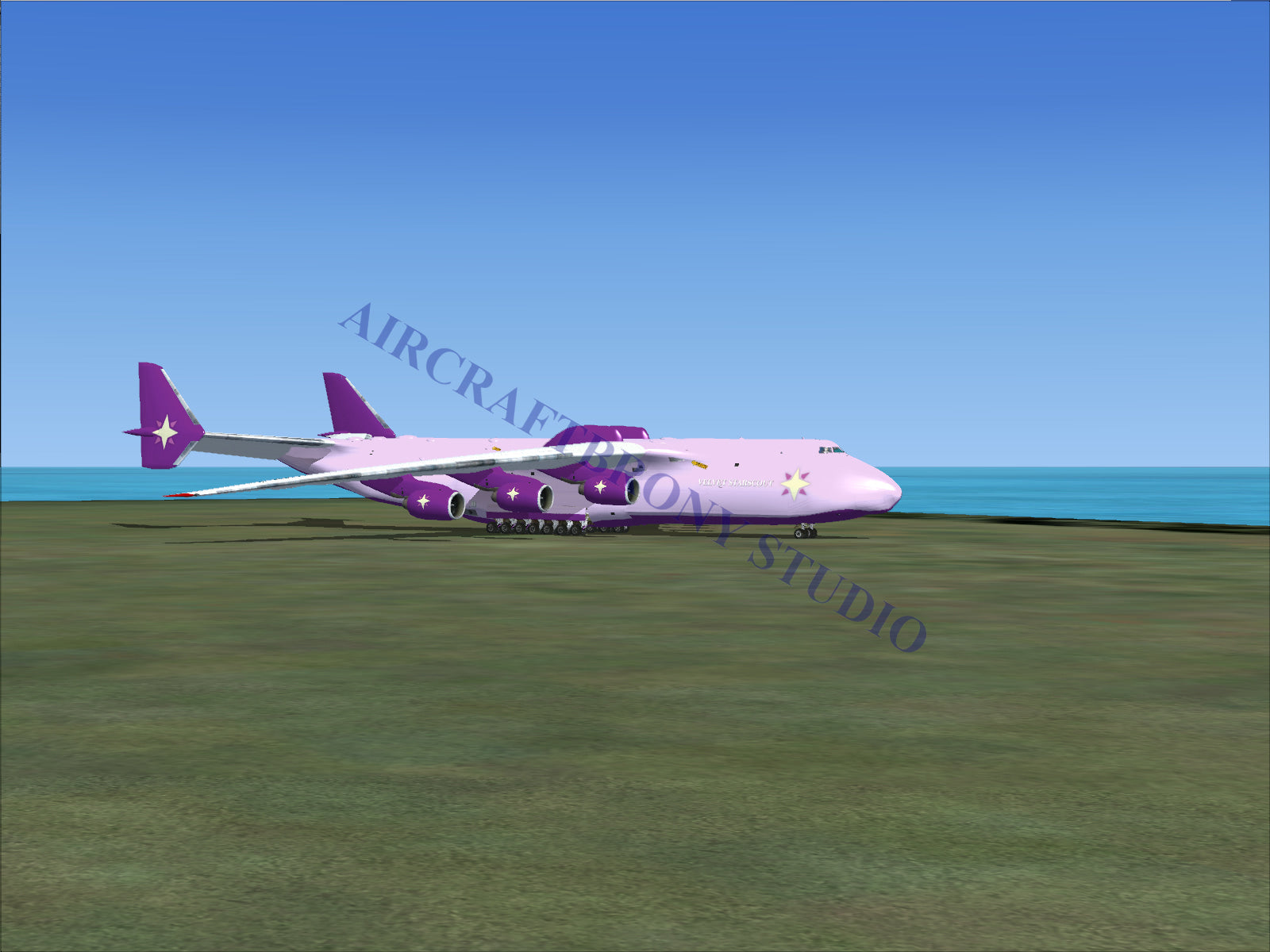 A wide-body cargo aircraft with a lavender fuselage and purple wings, tail fins, and engines.