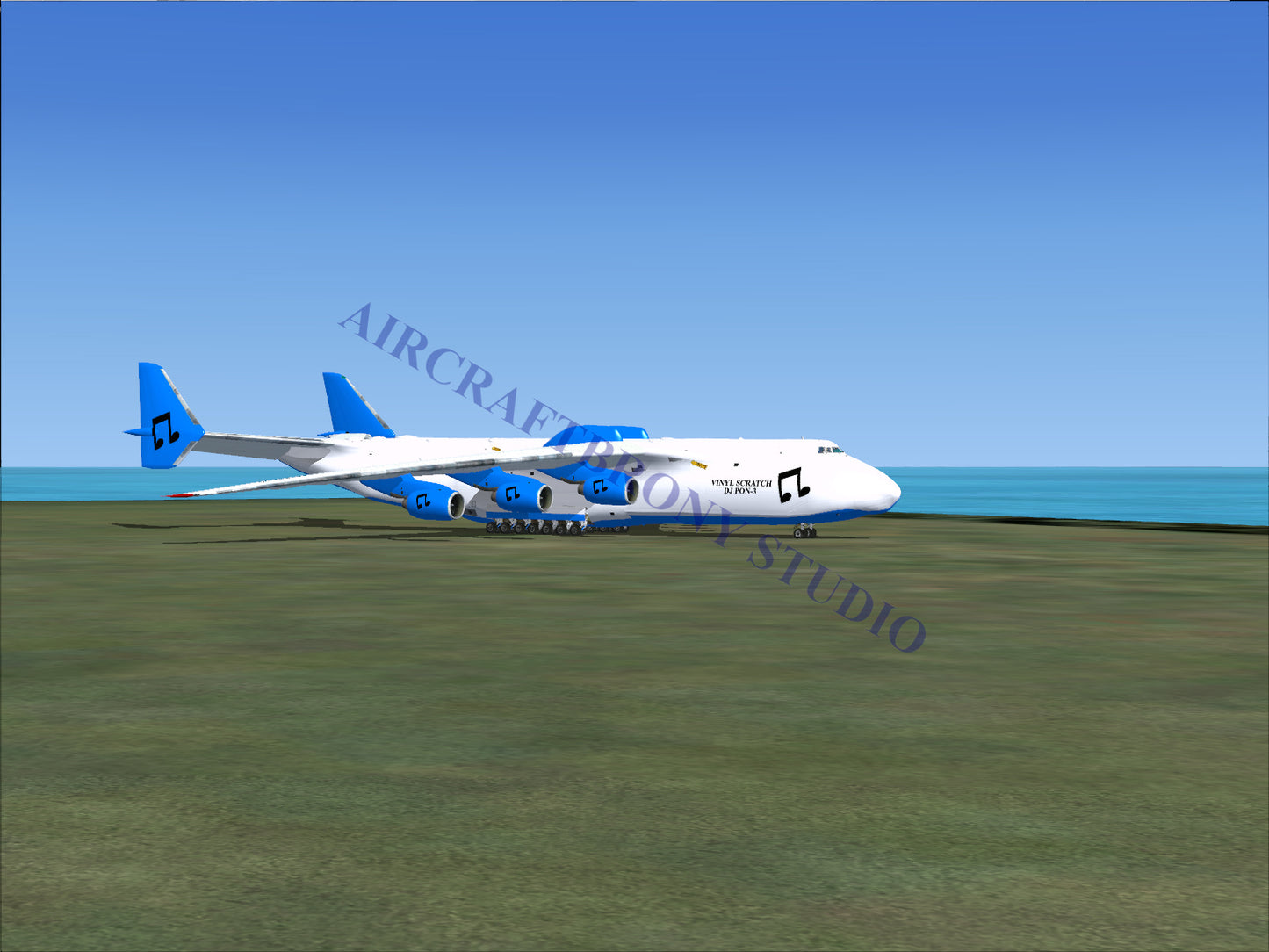 A massive cargo airplane with a white fuselage and blue accents on its engines, tail fins, and wing structures.