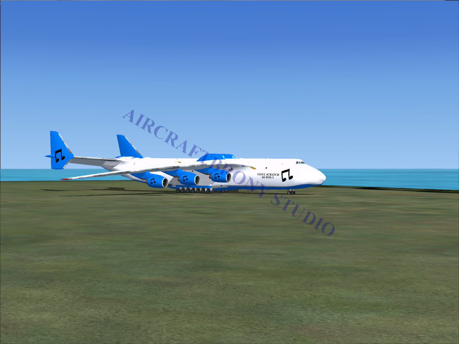 A massive cargo airplane with a white fuselage and blue accents on its engines, tail fins, and wing structures.