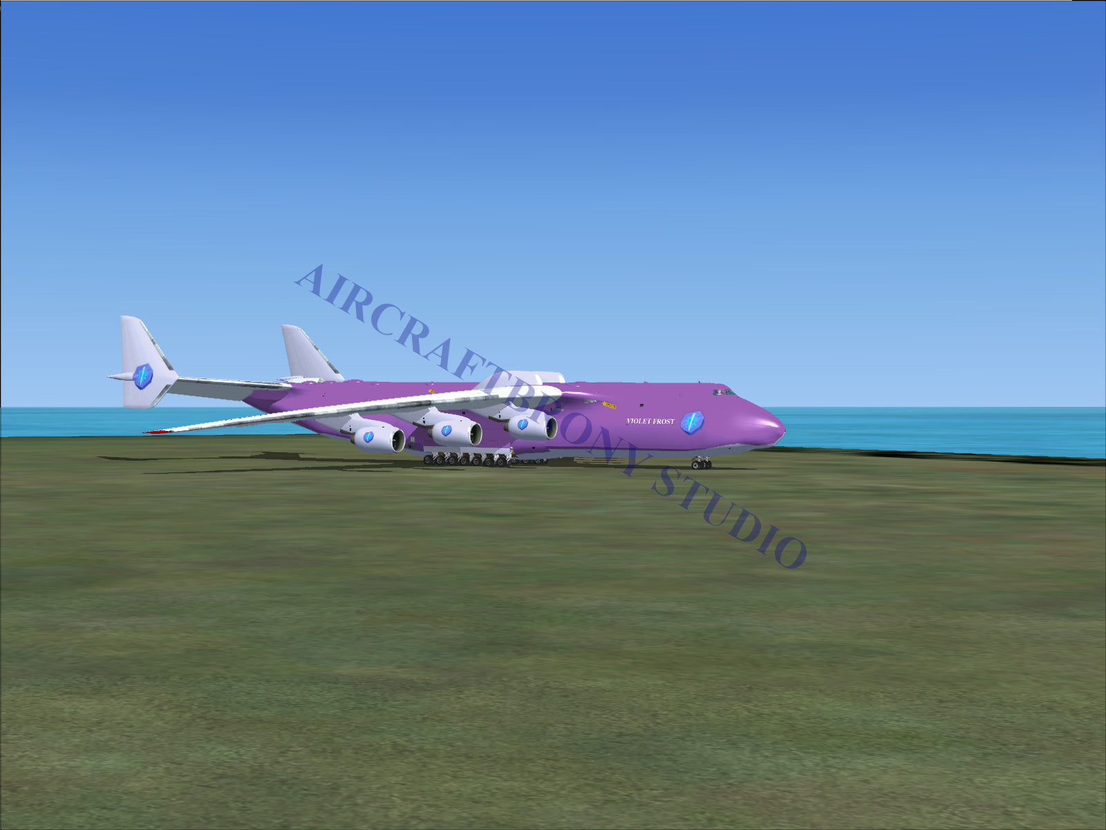 Purple cargo aircraft with six engines.