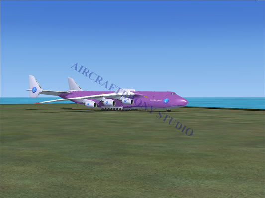 Purple cargo aircraft with six engines.