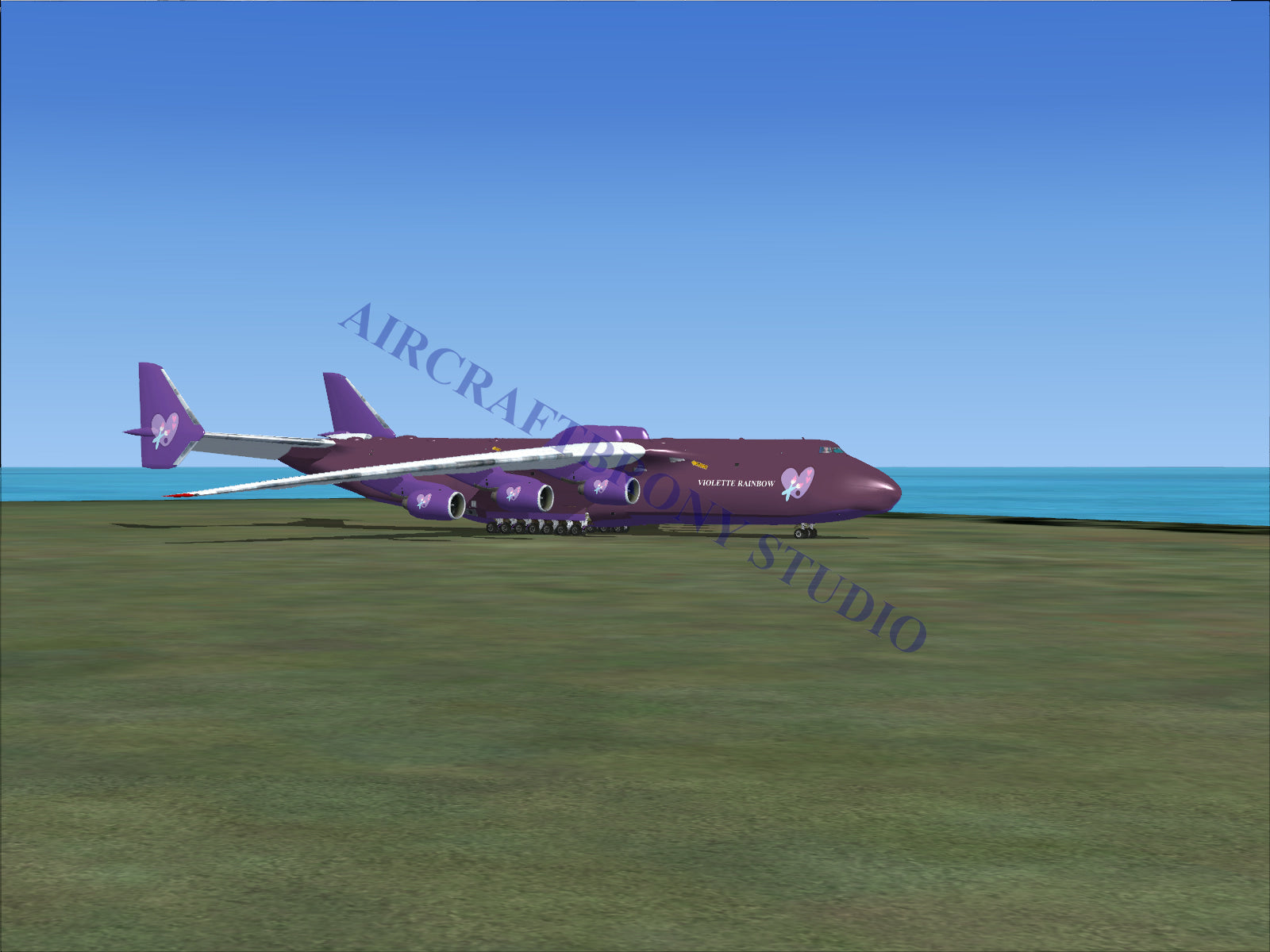 Purple cargo airplane with six engines.