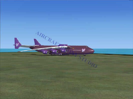 Purple cargo airplane with six engines.