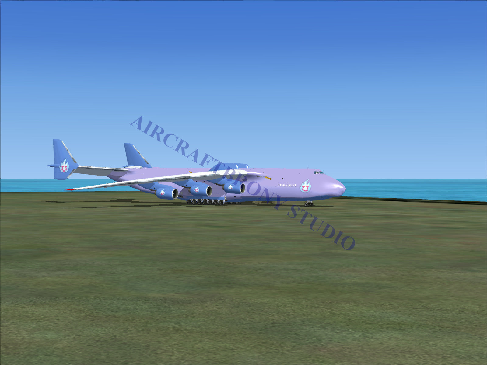 Purple cargo plane with six engines on each wing.