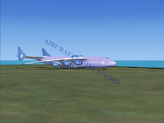 Purple cargo plane with six engines on each wing.