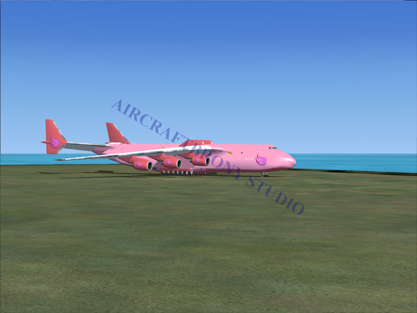 Pink airplane with red tail and purple logo on wing