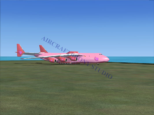 Pink airplane with red tail and purple logo on wing