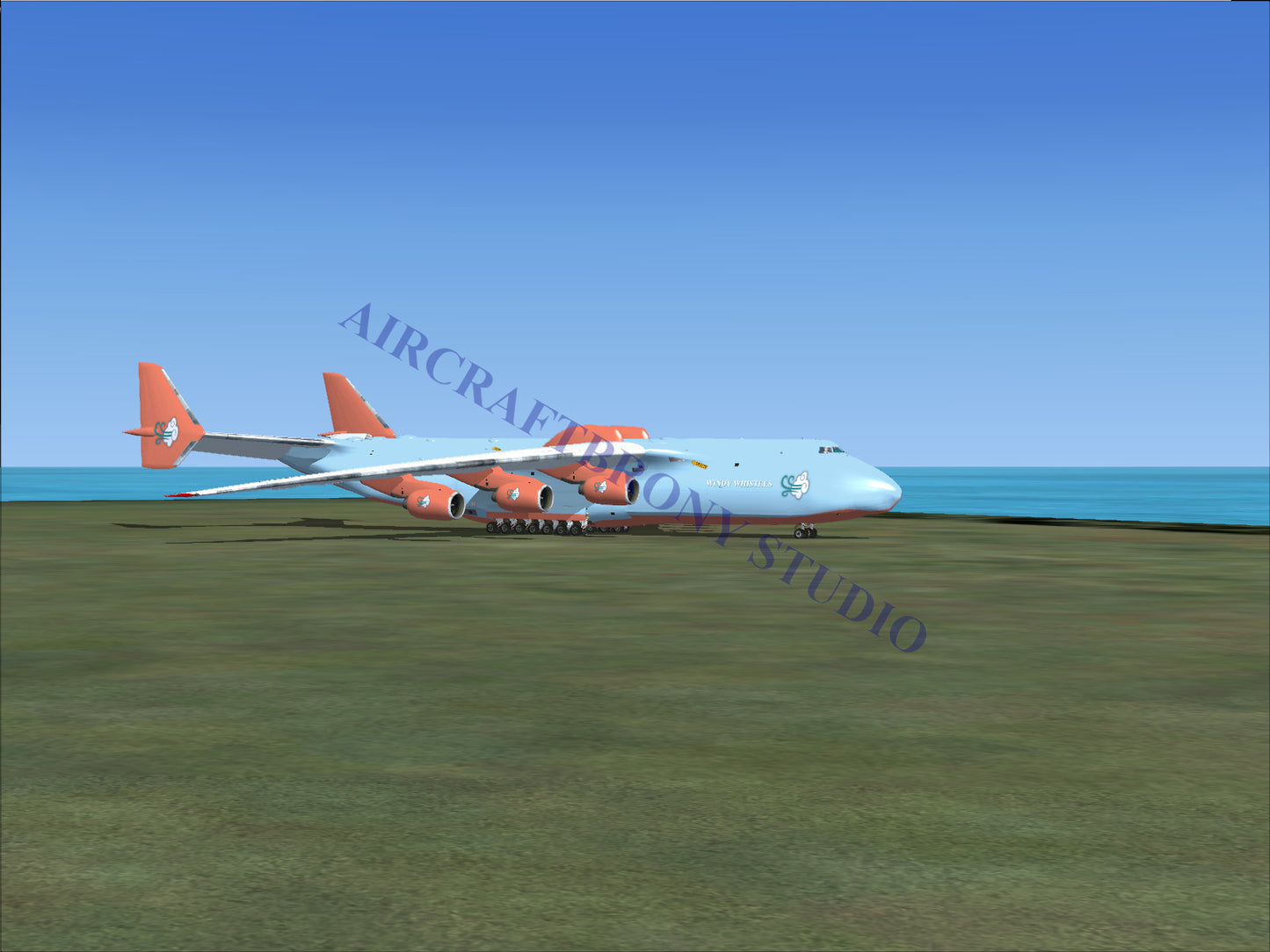 Light blue and orange cargo airplane with multiple engines.