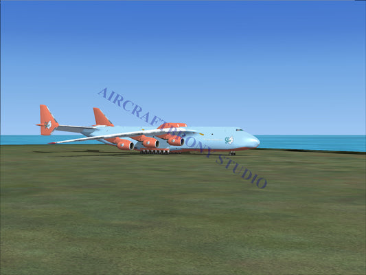 Light blue and orange cargo airplane with multiple engines.