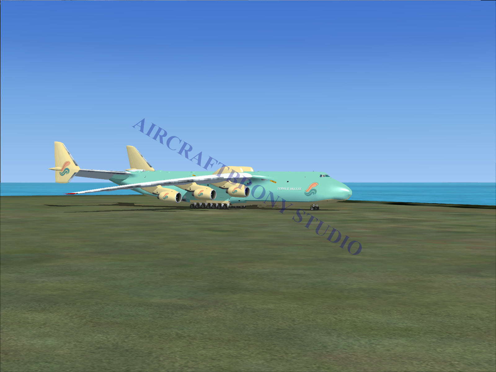 Turquoise cargo aircraft with yellow wings and six engines.