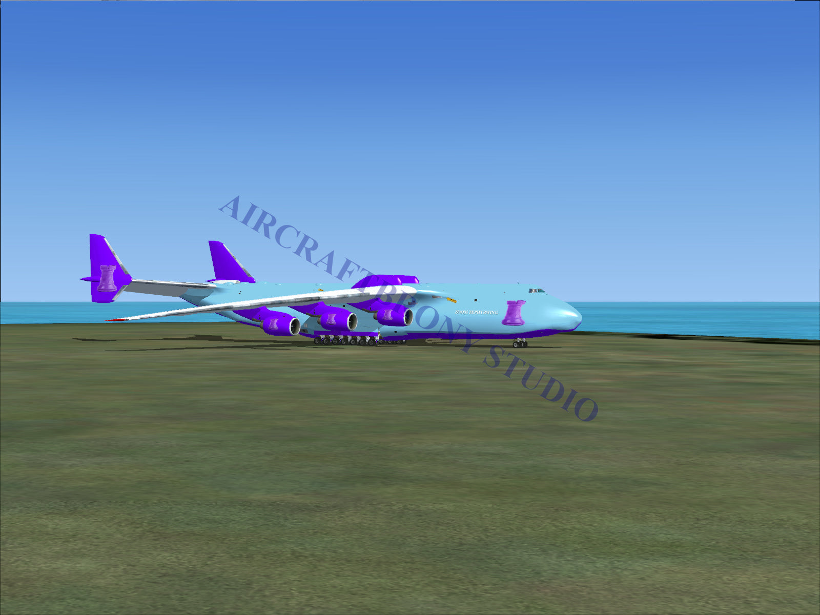 Purple and white cargo plane with large wings, multiple engines, and a distinctive logo on the tail.